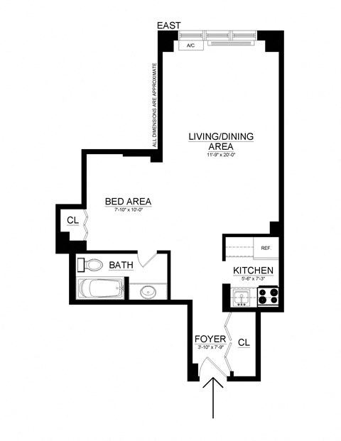 Floor plan for studio, 1 bath, 512 sqft
